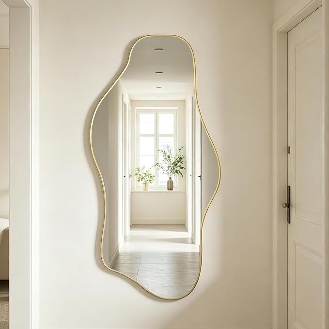 Irregular Wall Mirror, 47.2"x24" Gold Asymmetrical Tempered Glass Mirror, Frameless Organic Shaped Mirrors for Entryway Bedroom Living Room Bathroom, Horizontal or Vertical Hanging