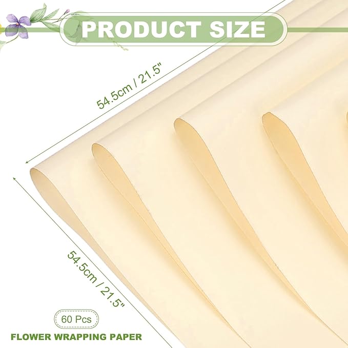 uxcell 60 Sheets Flower Wrapping Paper, 21.5" x 21.5" Waterproof Floral Bouquet Wrapping Papers Florist Supplies for Wedding Party Gift Packaging DIY Crafts, Cream