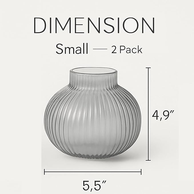 Round Glass Vases, Set of 2 Small Vases for Flowers, Black Glass Vase for Tulips, Modern Vase for Living Room, Office, Coffee Table, Shelf, Wedding, 5 Inches