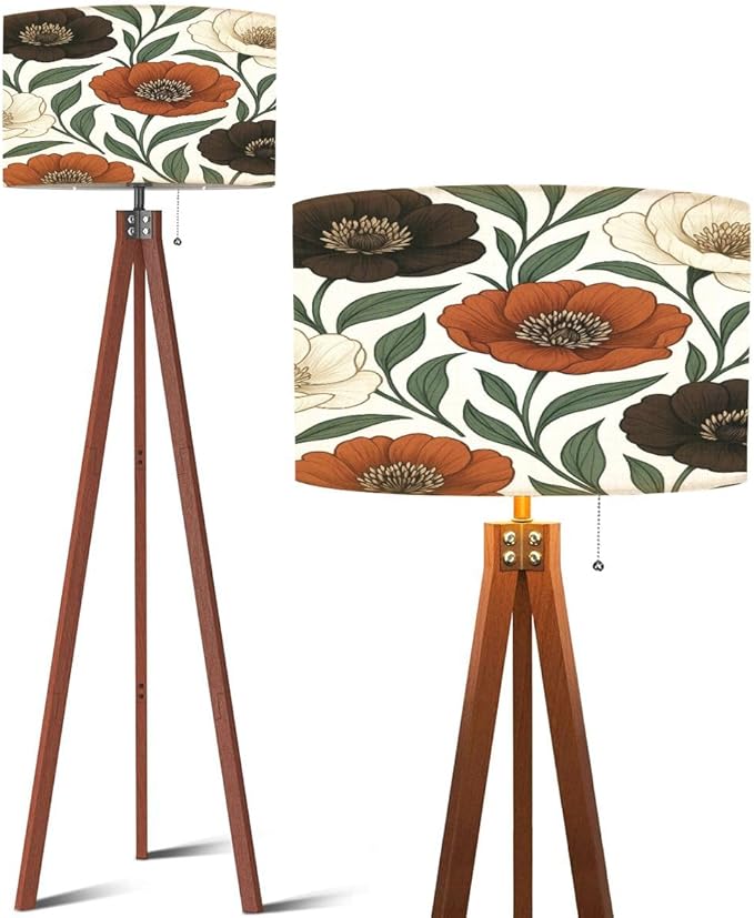 Wood Tripod Floor Lamp Boho Brown Green Orange Peony Floral Vintage Peony Flowers Various Mid Century Standing Lamp Linen Shade Dimmable Modern Tall lamp Home Decor for Living Room Bedroom Office