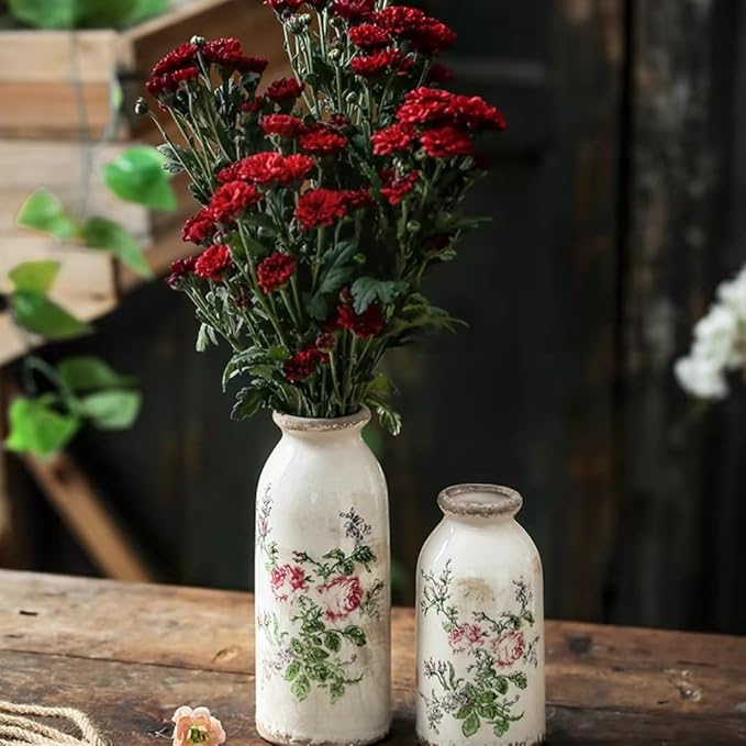 Vintage Rose-Floral Small Ceramic Vase Set, Retro Rustic Farmhouse Cute Flora Vase Gift, Art Décor for Your Home, Kitchen, Bedroom, Office, Living Room, Bathroom & Shelf Centerpiece Table Decorations