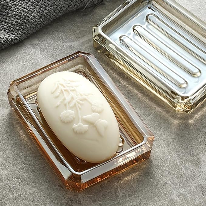 NOLITOY Glass Soap Dish Light Brown Amber Ribbed Bar Holder Decorative Tray for Bathroom Vanities Kitchen Sinks Shower Countertop Clear Savers Modern Vintage Decor Accessory 4.91 x 3.54 x 0.98 Inch