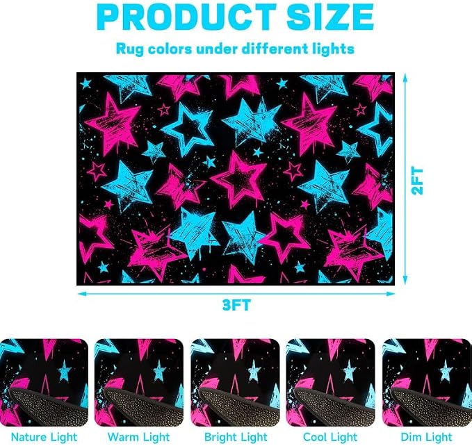 2'x3' Neon Star Area Rug Black Pink and Blue Floor Mat Abstract Star Print Rugs Washable Non-Slip Carpet for Entryway Bedroom Living Room Nursery Kitchen Playroom Home Decor