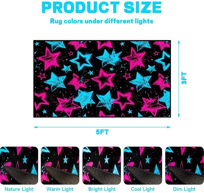 3'x5' Neon Star Area Rug Black Pink and Blue Floor Mat Abstract Star Print Rugs Washable Non-Slip Carpet for Entryway Bedroom Living Room Nursery Kitchen Playroom Home Decor
