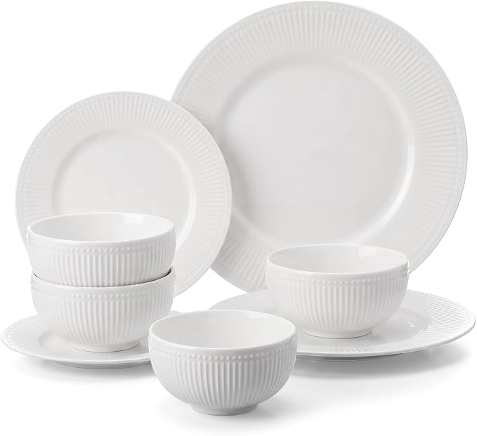 Domensi Ceramic Dinnerware Sets, Embossed Stoneware Plates and Bowls Sets Service for 2(Two More Bowls), Vertical Ribbed Embossed Pattern Oven, Microwave, Dishwasher Safe, Housewarming Wedding Gift
