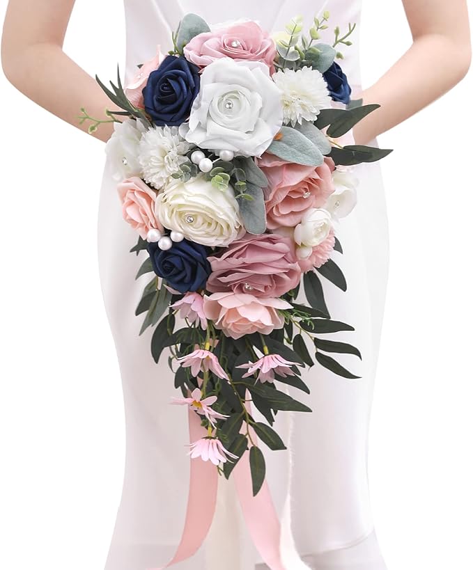 Serwalin 9.8 Inch Wedding Bouquets for Bride Bridesmaid, Pink Blue Rose Bridal Bouquets for Bride, Wedding Flowers Bouquet Tossing Bouquet, Wedding Ceremony and Anniversary Day Decor