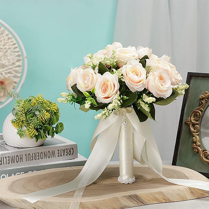 CYANLUX Wedding Bouquets for Bride Bridesmaid Bouquet Champagne White Artificial Roses Flowers for Wedding Valentine's Day Church Home Decoration (1#Champagne)…