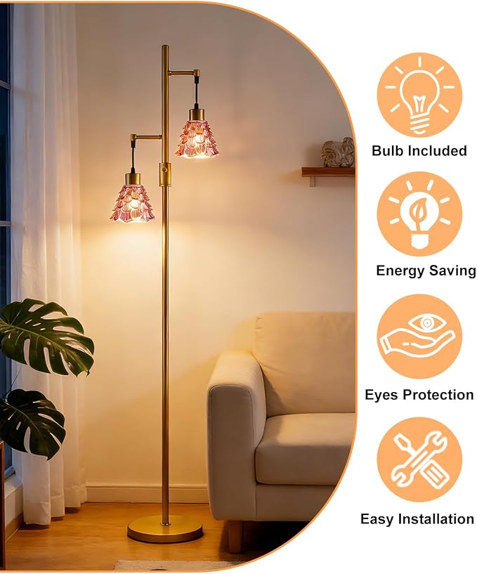 Lightdot 2-Light Gold Flower Floor Lamp, 65IN Rose Red Glass Floor Lamp with 3000K Warm White Bulbs, Modern Standing Tall Lamp with 5Lbs Heavy Base for Living Room Bedroom Home Office Sofa Beside