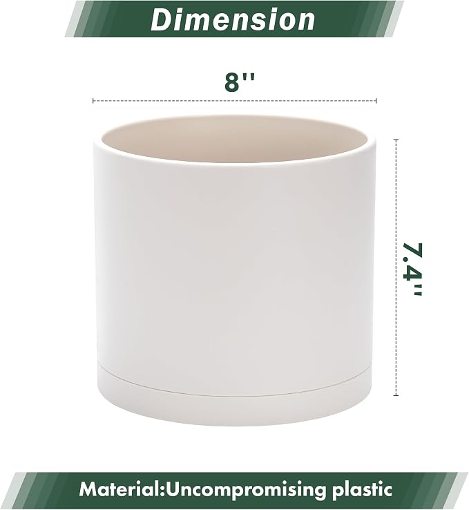 D'vine Dev 8 Inch Plastic Planter Pots for Plant Pot with Drainage Hole and Seamless Saucers, Oatmeal, 74-X-H-1