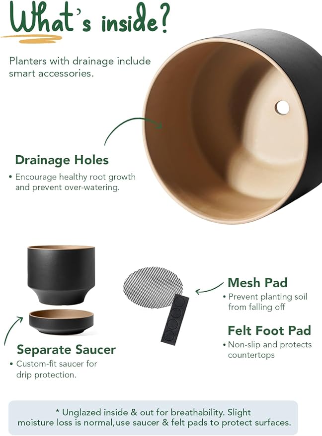 LE TAUCI 14 Inch Large Plant Pot with Saucer, Ceramic Outdoor & Indoor Big Planter with Drainage Hole, Mesh Pad & Plug Included, Matte Glazed Outside, Modern for Home and Patio, Obsidian Black & Ochre