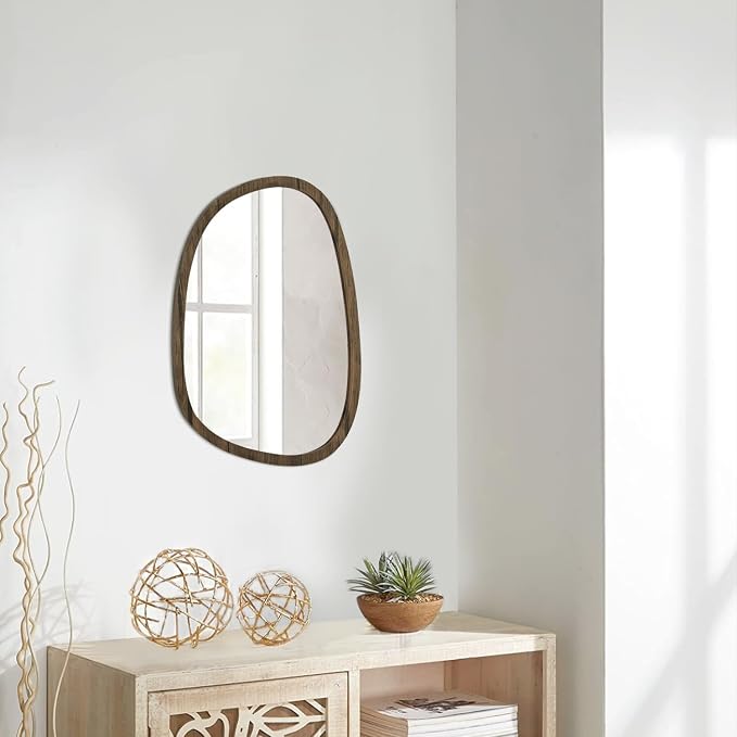 Asymmetrical Oval Mirror for Wall Irregular Wood Frame Modern Mirror Unique Decorative Wall Mirror Vanity Bathroom Living Room Bedroom Entryway Hallway Artistic Mirror Small 14"x10"
