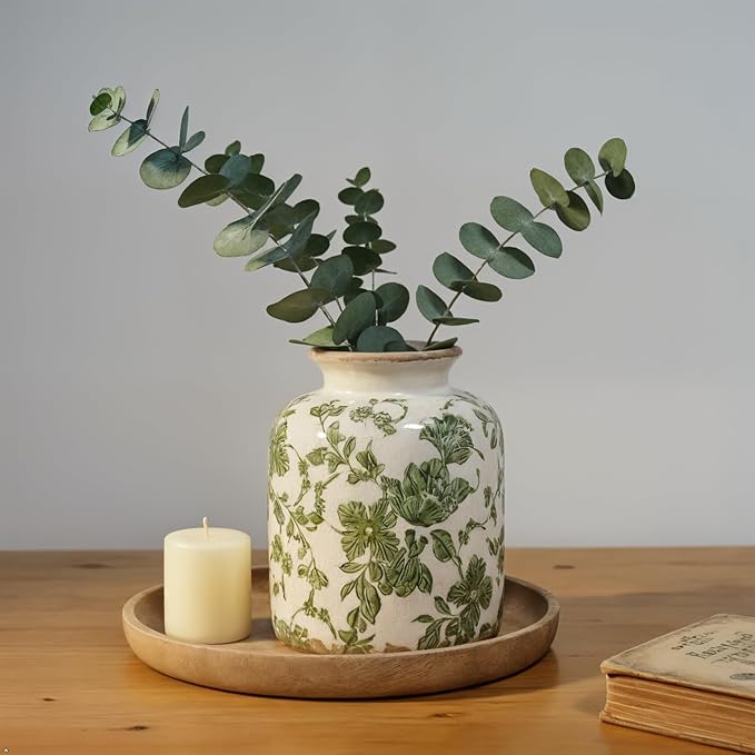 Vintage Green Crackle Glaze Ceramic Flower Vase, 6” Small Rustic Pottery-Style Decorative Vase with Distressed Beige Rim, Farmhouse Cottage Tabletop & Mantel Home Decor