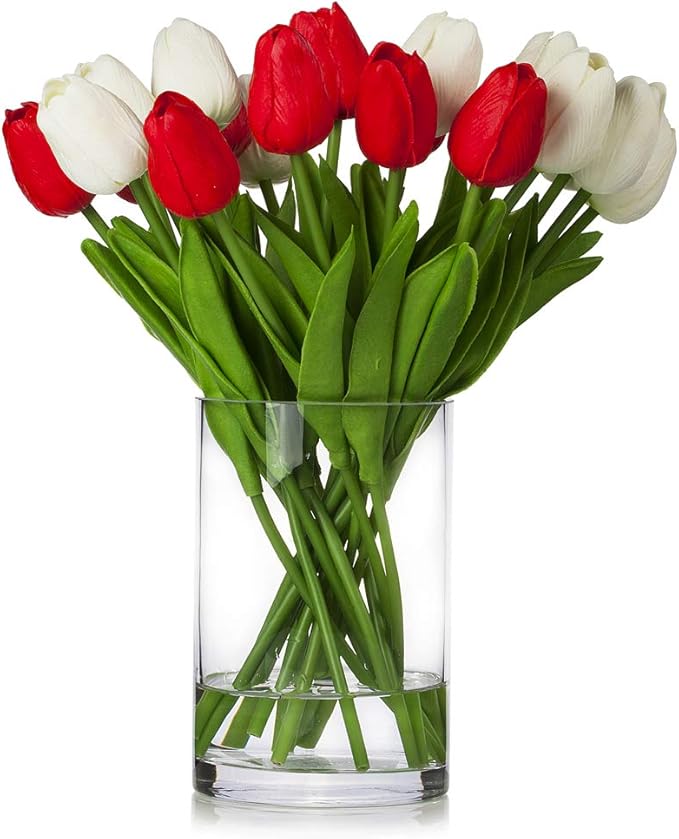 ENOVA HOME 20 Pieces Artificial Real Touch Tulips Flower Arrangement in Glass Vase with Faux Water for Home Decoration (White Red)