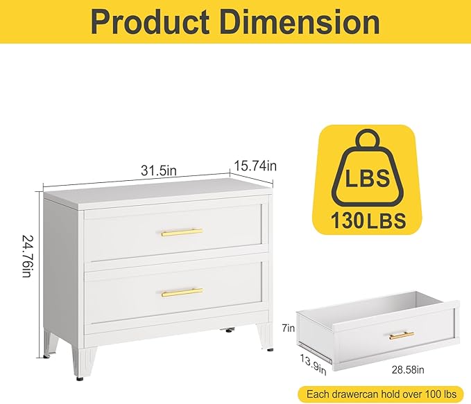 24.8" Tall Metal Dresser for Bedroom, 2 Drawer Nightstand, Side Table, Under Desk Steel Storage Drawer Cabinet, File Drawer for Home Office,Living Room, Entryway, Hallway
