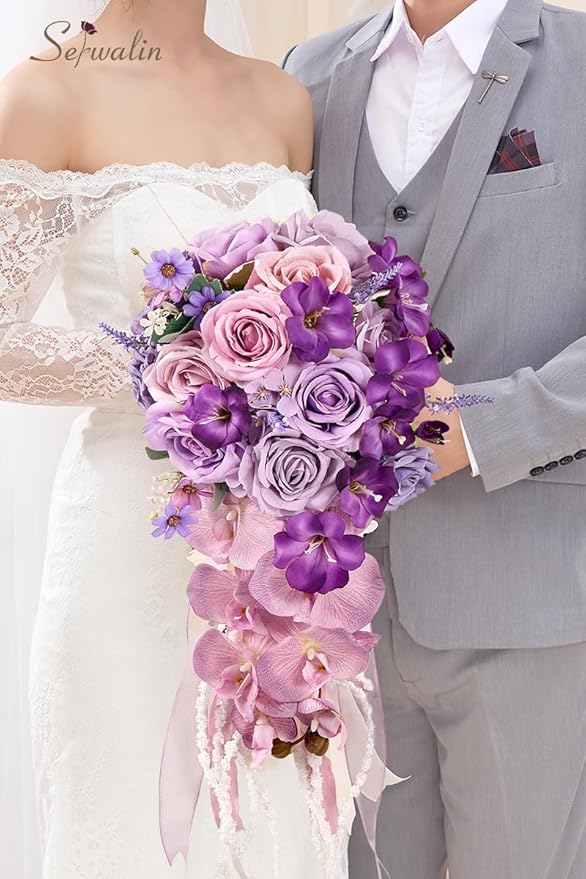 Serwalin 11 Inch Wedding Bouquets for Bride Bridesmaid, Purple Bridal Bouquets for Bride, Artificial Bouquets of Flowers for Wedding Ceremony Bridal Shower and Anniversary Day Decor