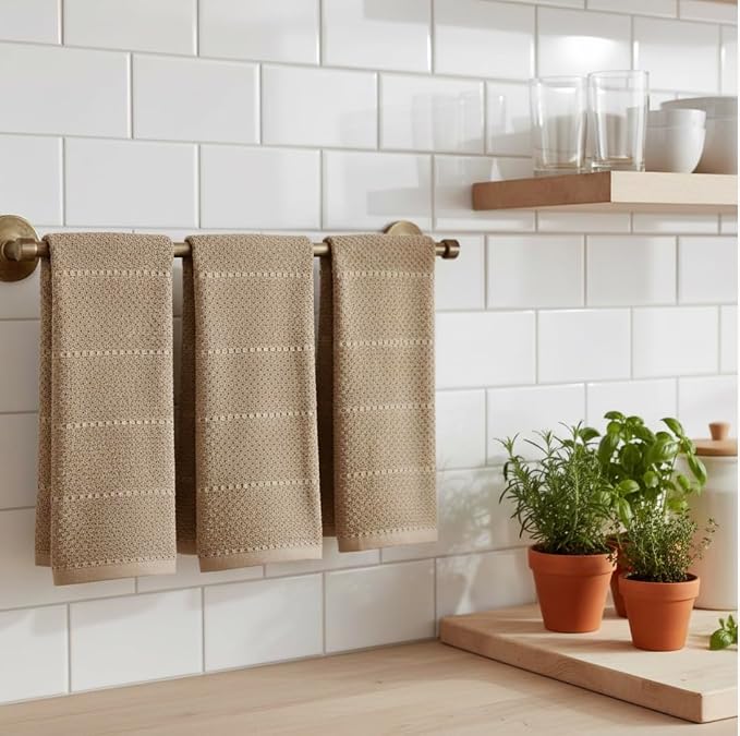 Mocha Light Brown Tan Kitchen Hand Dish Towels: Oversized 28" x 18",100% Cotton Cloth Soft Cleaning Drying Absorbent Textured Design, Set of 3 Multipurpose for Everyday Use (Toasted Coconut)