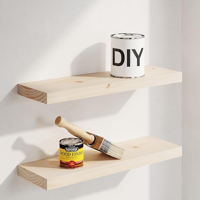 Homeforia 18 inch Wood Floating Shelves, High End Solid Natural Wood 18inch Floating Shelf for Wall Mounted, Unfinished Wooden 18in Floating Shelves, Heavy Duty Bracket, 18 X 6.5 X 1.75 inch, Set of 3