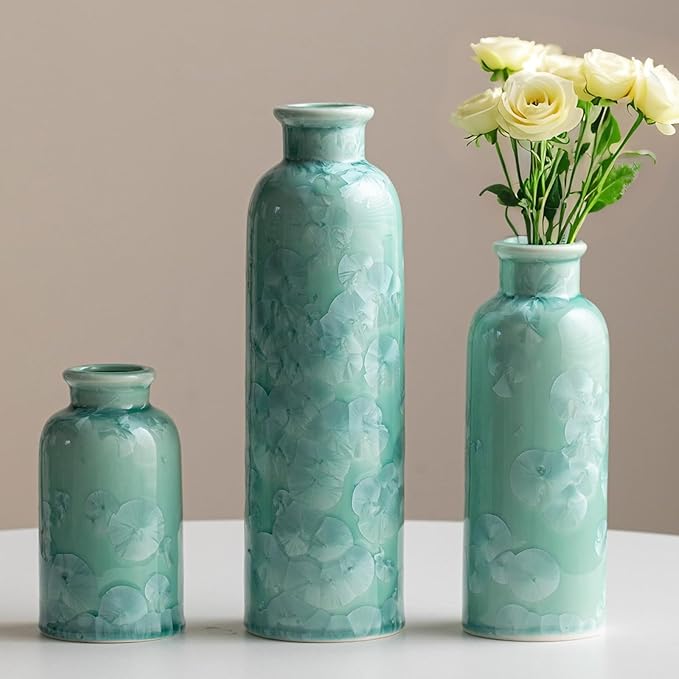 Modern Ceramic Vase Set of 3, Green Crystalline Glaze Colors, Decorative Bottles for Home, Farmhouse Rustic Decor Housewarming Gifts, Wedding Gifts, Birthday Gifts for Women(Crystalline Glaze Green)