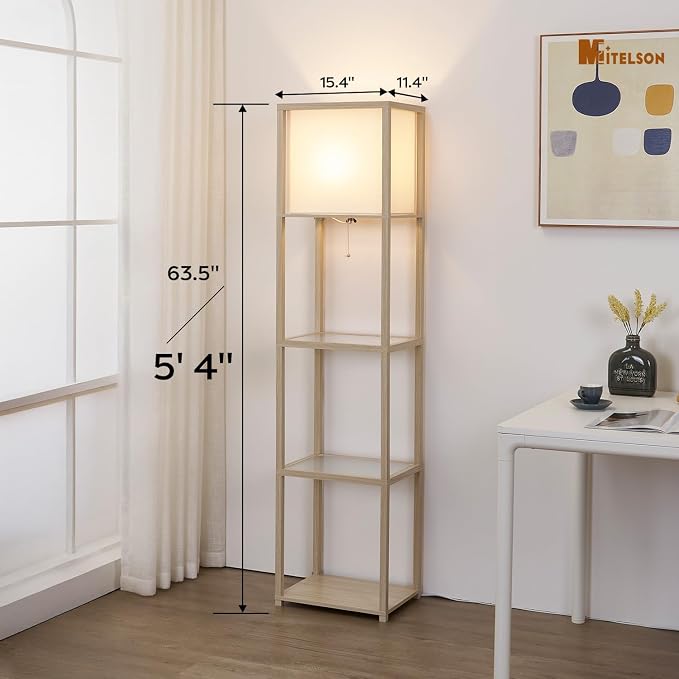 Floor Lamp with Shelves, Modern Standing Lamp with Tempered Glass Shelves, Corner Display Shelf Lamp, Tall Lamps with Shelves for Living Room, Bedroom, Office, Whitewashed Oak
