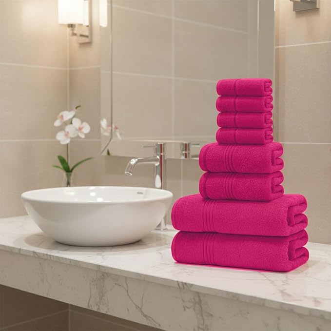 8 Piece Bath Towels for Bathroom - 100% Cotton, Soft Absorbent Bathroom Towels Set - 2 Extra Large Bath Towels, 2 Hand Towels & 4 Washcloths - Hotel Spa Thick Plush Towel, Fuchsia Purple