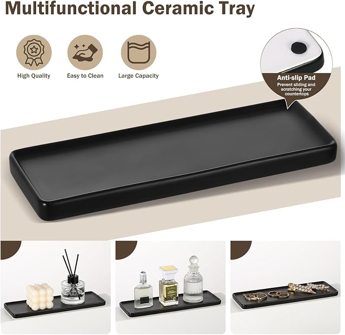 Shinowa Glass Bathroom Accessories Set, 5 Piece Luxury Bathroom Set with Soap Dispenser, Toothbrush Holder, Qtip Holder with Lid, Soap Dish & Tray, Modern Vanity Countertop Organizer, Brown + Black