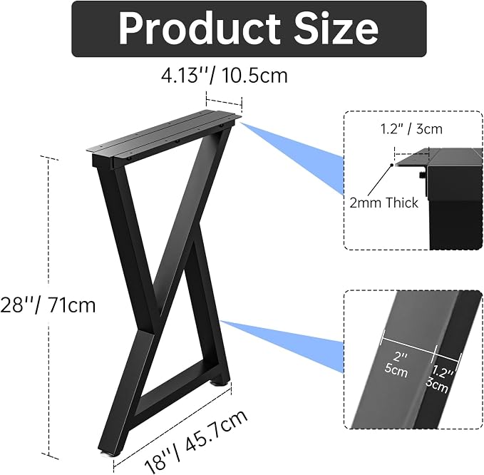 TOCRETOARE Metal Table Legs Heavy Duty, 28”H x 18”W, Metal Furniture Legs for Dining Desk Bench and Coffee Table, Industrial Black DIY Iron Bench Legs, Set of 2