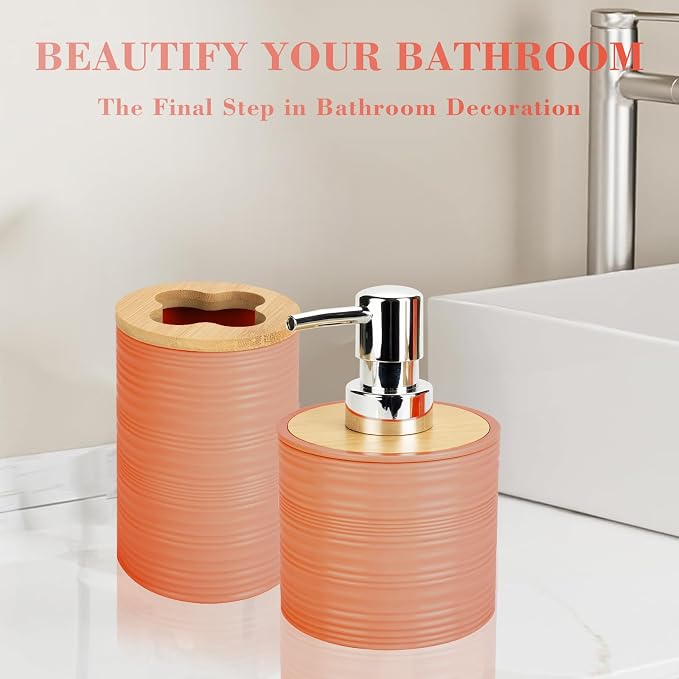 2 PCS Orange Bathroom Accessories Set, Soap Dispenser and Toothbrush Holder Set, Plastics & Bamboo Bathroom Set, Bohemian Style Bathroom Sink Set