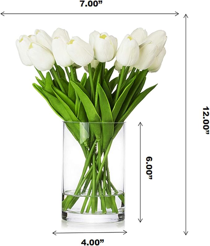 ENOVA HOME 20 Pieces Artificial Real Touch Tulips Flower Arrangement in Glass Vase with Faux Water for Home Decoration (White)