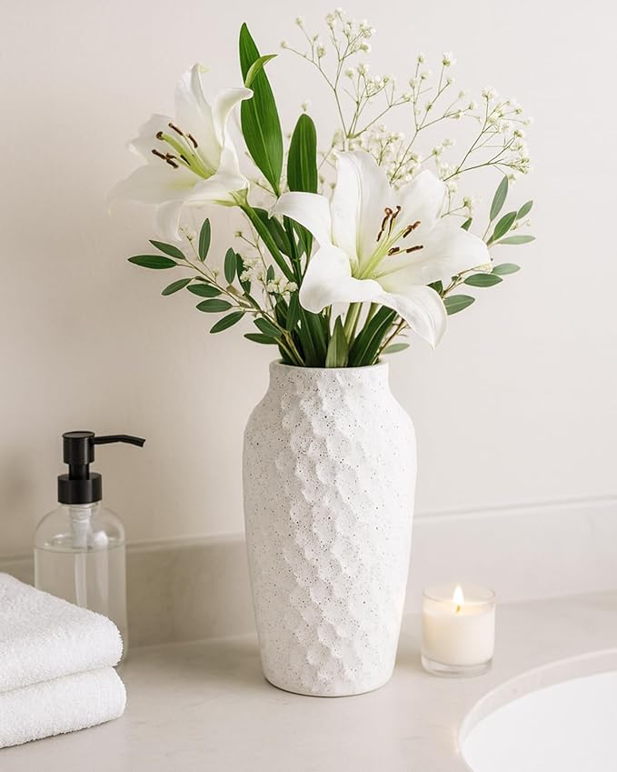 White Ceramic Vase for Flowers, Textured Speckled Hammered Finish Decorative Vase for Living Room, Table Centerpiece & Modern Home Decor