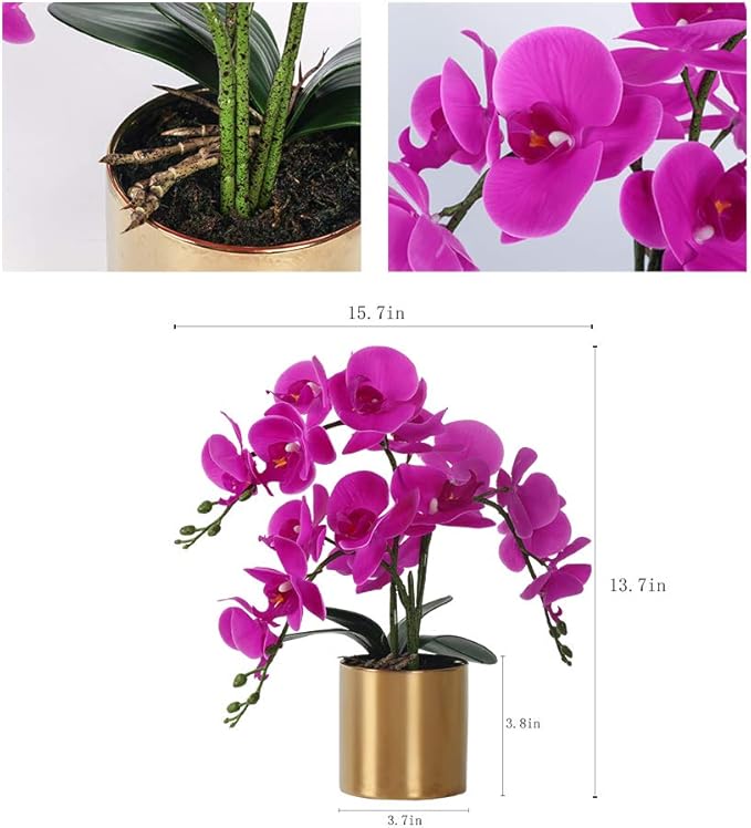 LESING Artificial Orchid Flower with Vase, White Orchid Bonsai Faux Orchid Phalaenopsis Plant Pot Arrangements for Home Decoration (Purple,Gold Vase)