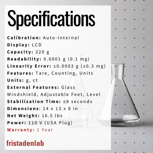 Fristaden Lab Analytical Balance - 220 g × 0.0001 g Precision Scale | Auto-Calibration, Glass Shield, RS-232 Data