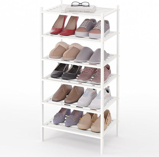 Smiry Small Bamboo Shoe Rack 6-Tier, Stackable Wooden Shoe Organizer for Entryway & Closet, Free Standing Wood Shoe Storage Shelf for Front Door & Small Spaces, White