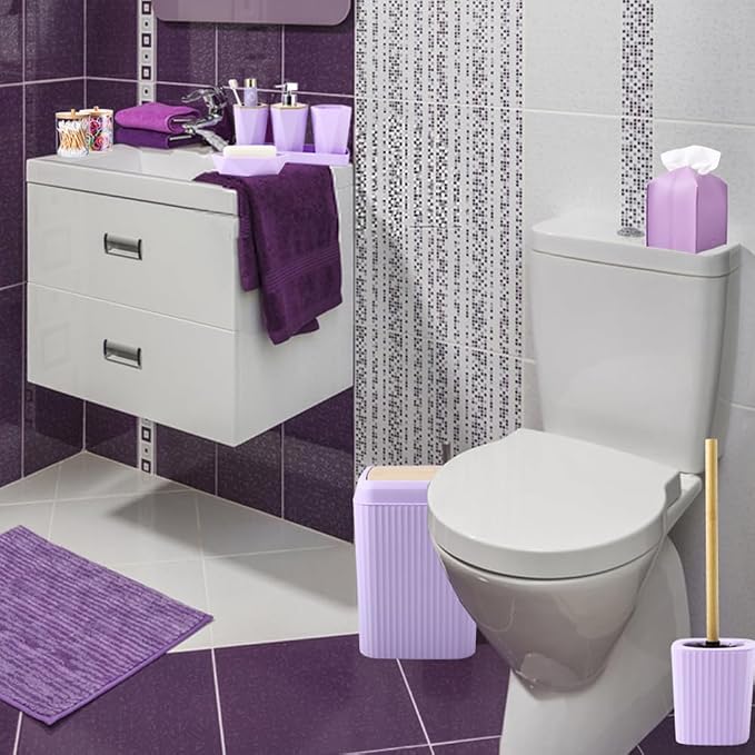 Bathroom Accessories Set, 9 Pieces Bamboo Bathroom Set with Trash Can, Tray, Soap Dispenser, Soap Dish, Toothbrush Holder, Toothbrush Cup, Toilet Brush and Qtip Holders