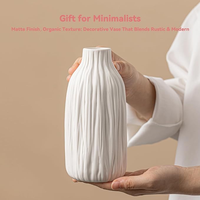 Woodgrain Sculptural Vase - White Matte Ceramic with Vertical Texture, 7.2" Unique Flower Vase for Pampas Grass/Centerpieces, Decorative Farmhouse Vase for Living Room/Office,Ideal Gift for Minimalist