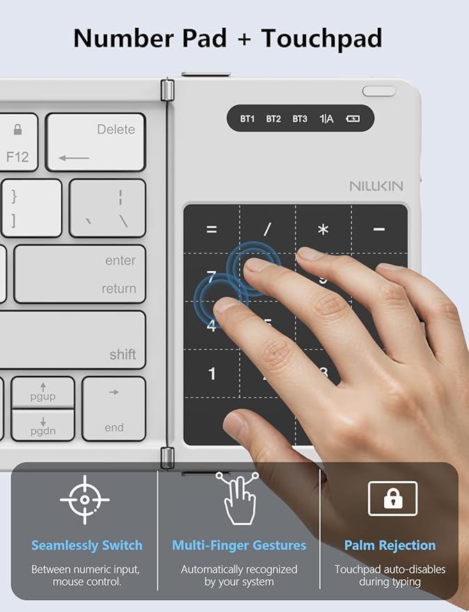Nillkin Foldable Bluetooth Keyboard with Touchpad & Number Pad, Portable Bluetooth Keyboard with Full Size Keys, Pocket-Sized Wireless Travel Keyboards for iPad, Smartphone, Tablet and Laptop Gray