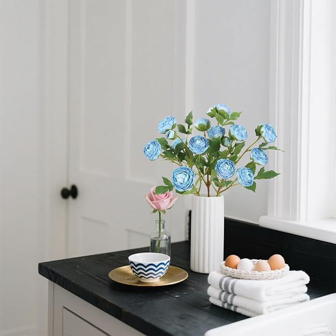Blue Ranunculus Artificial Flowers 3PCS 18 Heads Faux Silk Peonies with Stems Real Look Faux Ranunculus for Centerpieces Arrangements Wedding Party Home Decoration(Blue)