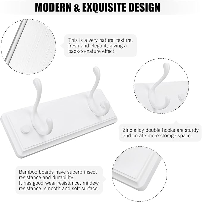Wooden Coat Rack, Wall-Mounted Organizer for Closet, Entryway, Hallway, Foyer, Bedroom, Heavy Duty Double Hooks for Hanging Towels, Bags, Hats, Jackets, Key (White, 2 Hooks)
