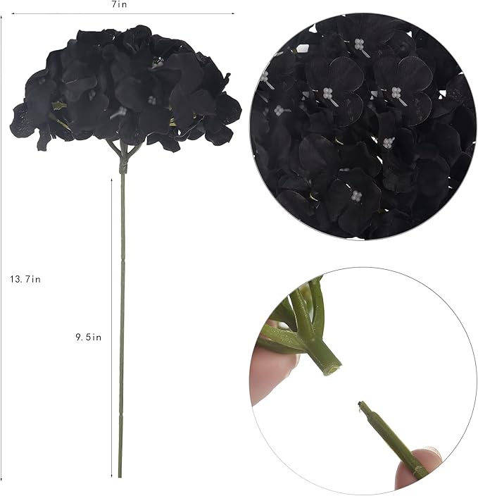 10PCS Silk Hydrangea Heads with Stems Artificial Flowers for Wedding Party Home Decor (Black)