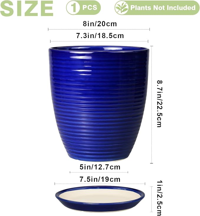 Round Ceramic Planter - Modern 8 Inch Plant Pot with Drainage Hole and Tray for Flower Indoor Outdoor Garden Decor Blue