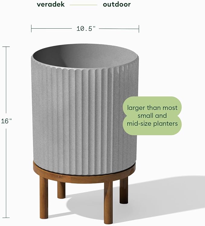 Veradek Demi Series Round Planter w/Stand for Porch/Patio | Durable Plastic-Stone Composite & Wooden Stand | Modern Décor for Tall Plants, Flowers