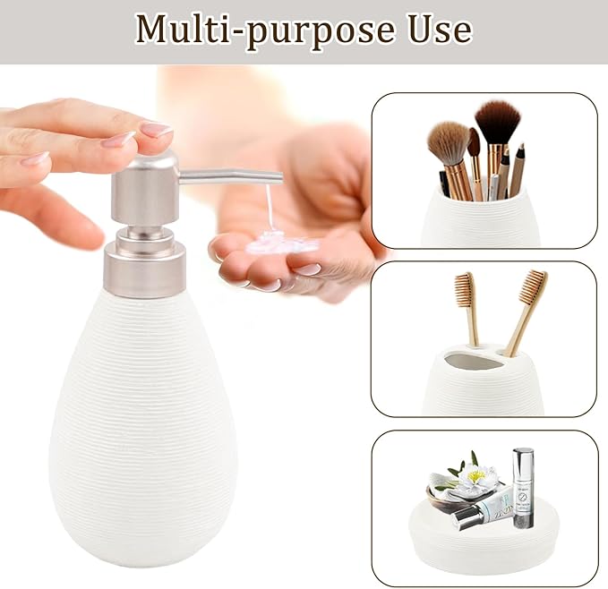 CERBIOR Bathroom Accessories Set,4 Pcs Ceramic Bathroom Decor Accessory,Includes Toothbrush Holder, Toothbrush Cup, Soap Dish for Decorative Countertop and Housewarming Gift(White 4pcs)