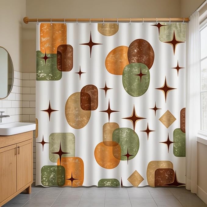 Boho Mid Century Shower Curtain Retro Abstract Geometric Shapes with Starburst Sage Green Beige and Terracotta Fabric Bath Curtain Polyester Bathroom Decor with Hooks (72"X84")