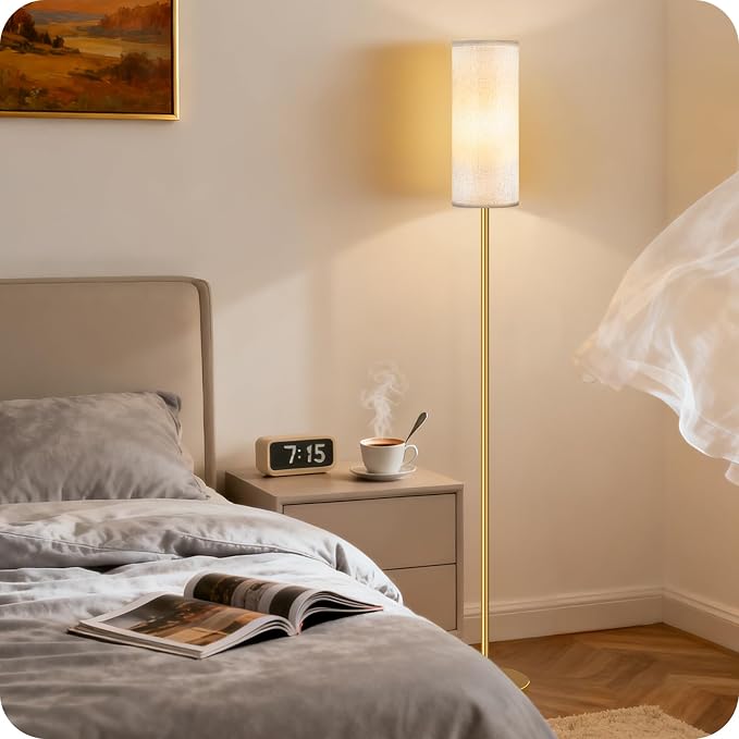 Dimmable Floor Lamp for Living Room with Remote and Foot Switch, Standing Tall Lamp, Bulb Included, 3000K-6500K, Beige and Gold, FCC Listed DE06LD05W1