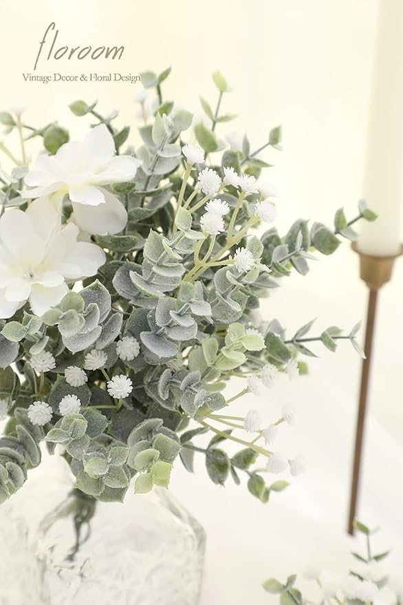 Floroom Artificial Flocked Eucalyptus Stems Faux Greenery Spray, 18pcs Best Filler Fake Plants for DIY Wedding Bouquet Centerpieces Arrangement