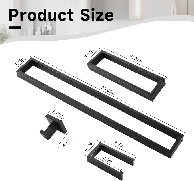 Black Towel Bar Set, 5-Pieces Bathroom Hardware Set,23.6 Inch Towel Rack Set Stainless Steel Towel Holder Set Wall-Mounted Bathroom Accessories