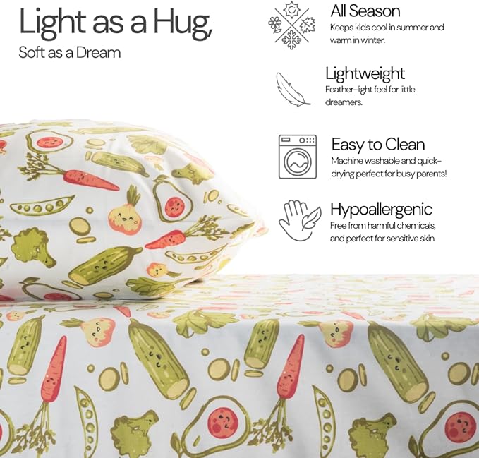 Salt Earth 100% Cotton 210TC Kids Bedsheet, Twin Fitted Sheet, Toddler Bed, 2 Piece Bedding Set- 1 Fitted Sheet and 1 Pillowcase, Themed Toddler Bed Sheets, Cute Sheets for Kids Bed (Veggie)