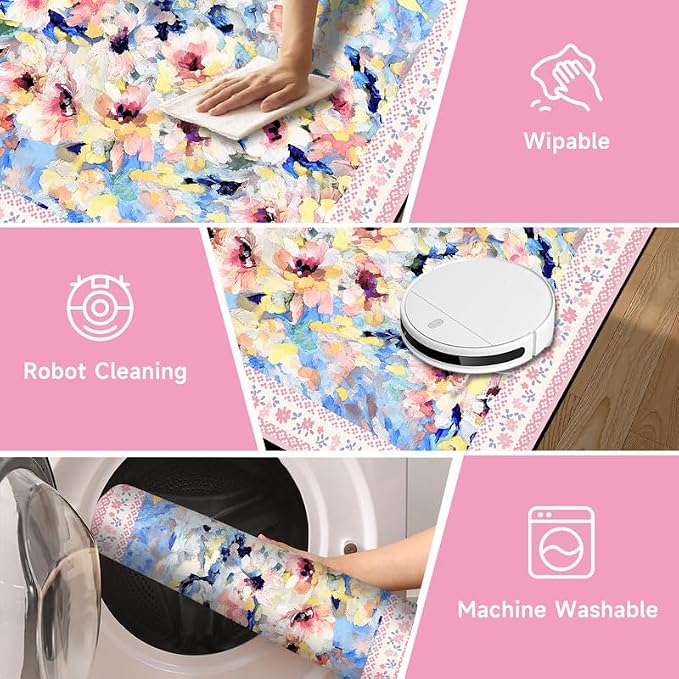 Floral Oil Painting Area Rug Watercolor Flower Print Rugs for Entryway Bedroom Living Room Nursery Kitchen Playroom Home Decor Washable Low Pile Floor Mat Carpet,4'x6'