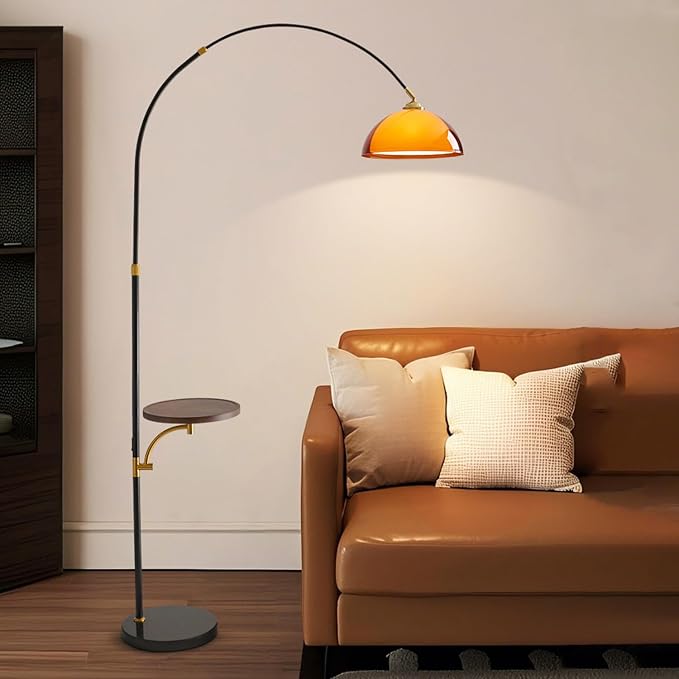 MIXL-Black Arch Floor Lamp with Wood Table,2-Tier Shade Over Couch Curved Floor Lamp,Unique Ambient Lighting,Mid Century Modern Standing Light for Office Nursery