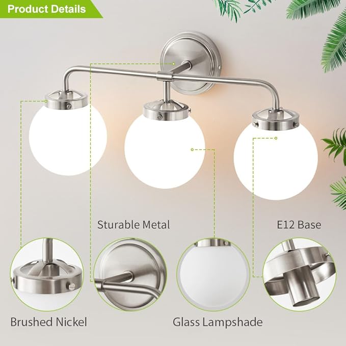 Bathroom Light Fixtures Over Mirror, 22.4'' Brushed Nickel Modern Vanity Lights with Milk White Glass Globe Shades 3-Light Farmhouse Wall Sconce Lighting