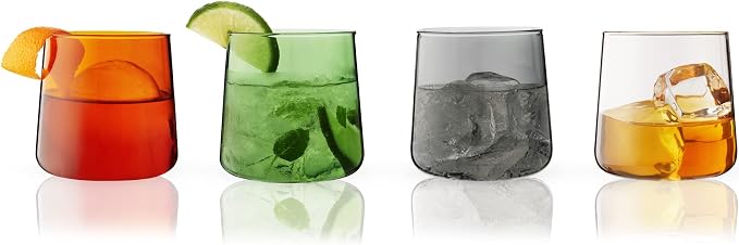 Viski Aurora Tumblers Colored Wine Glasses - Tinted Fun Cocktail Glasses in Clear, Grey, Green, and Amber - Dishwasher Safe 10.5 Oz Set of 4